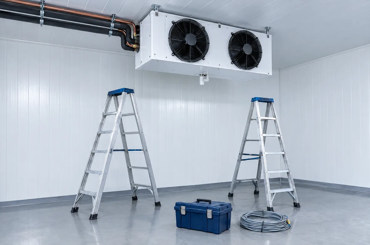 Deux techniciens posant un évaporateur au plafond d’une chambre froide