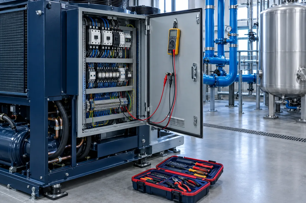 Technicien contrôlant le coffret électrique d’un groupe frigorifique